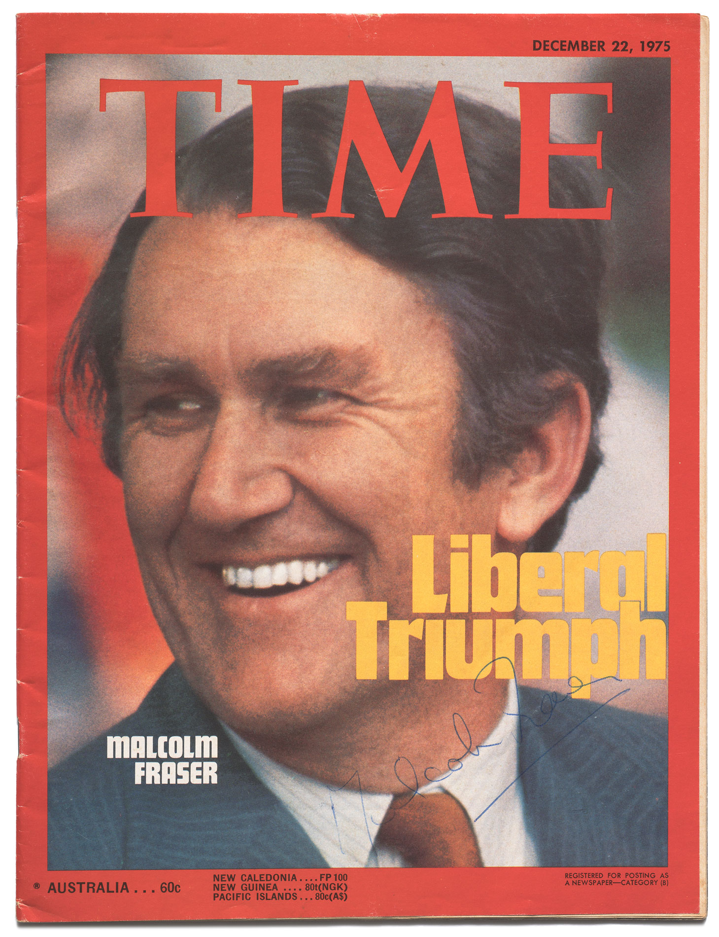 Time magazine cover from 1975 featuring a smiling Malcolm Fraser.