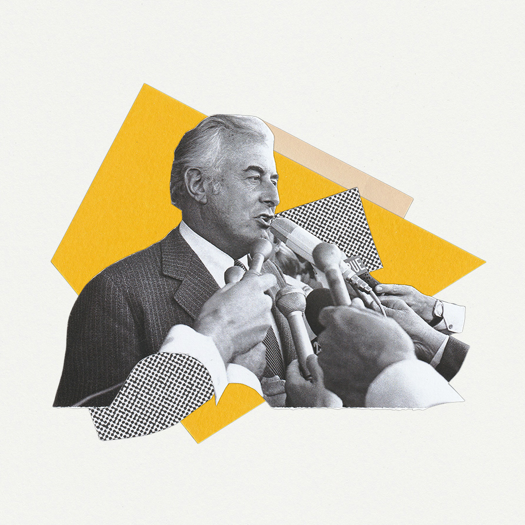 A collage of Gough Whitlam speaking into multiple microphones with geometric shapes behind him.