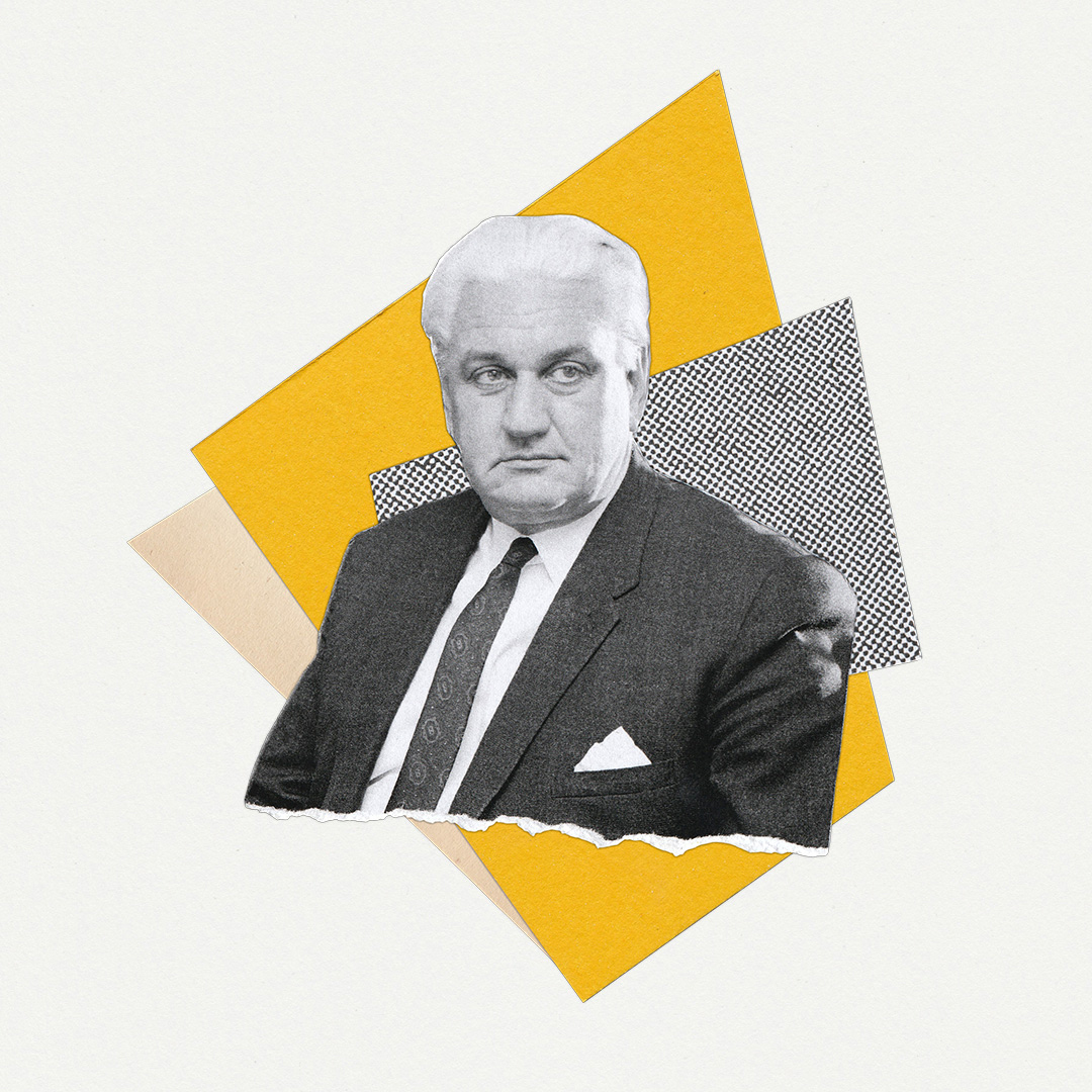 A collage of Sir John Kerr with geometric shapes behind him.