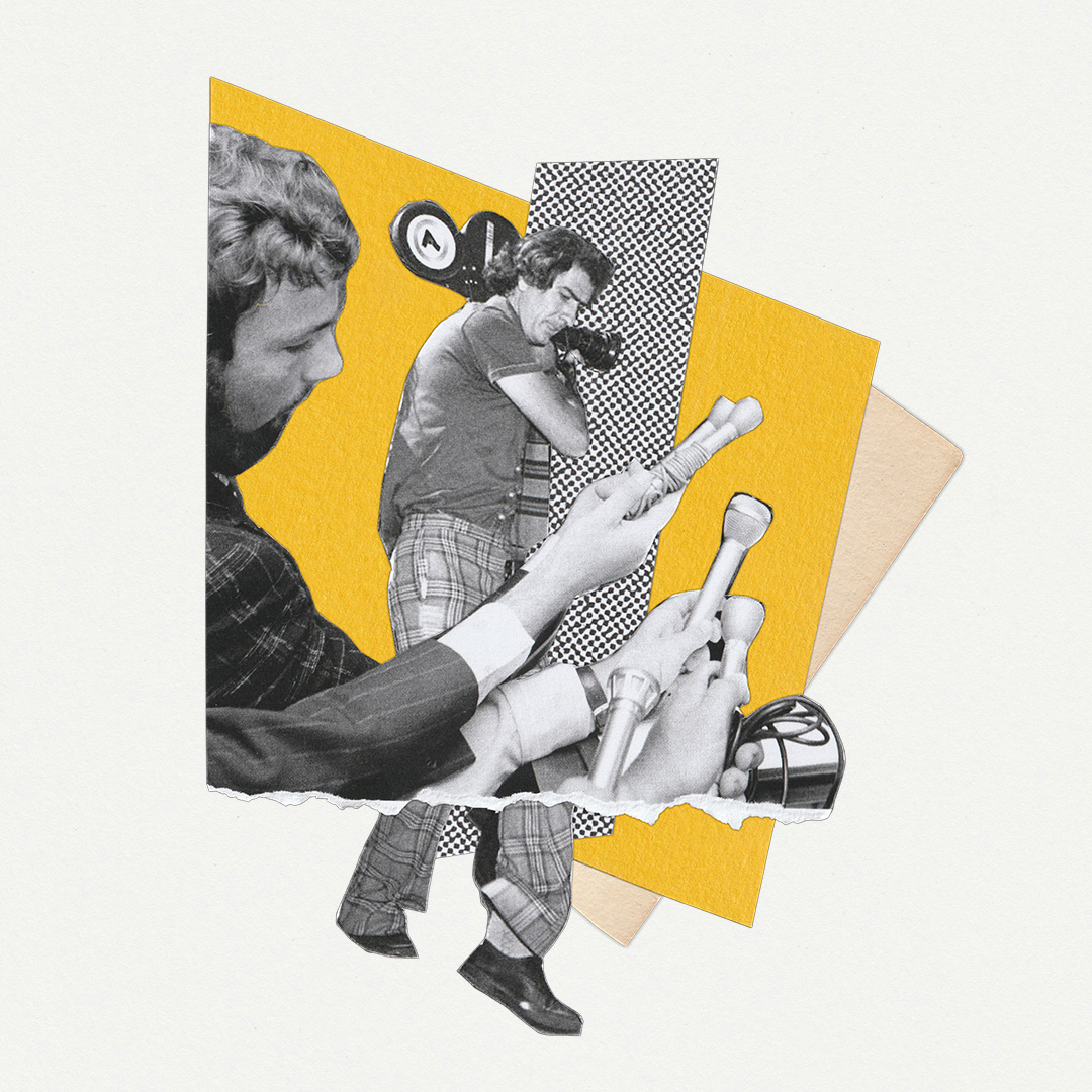 A collage of a press cameraman and audio journalist holding a microphone against a backdrop of geometric shapes.