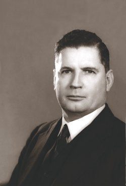 A scan of a black and white portrait image showing former prime minister Arthur Fadden.