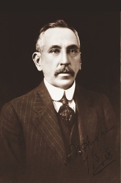 A scan of a black and white portrait image showing former prime minister Billy Hughes.