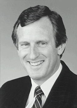 A black and white portrait image showing former politician John Hewson.