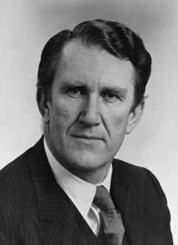 A black and white portrait image showing former prime minister Malcolm Fraser.
