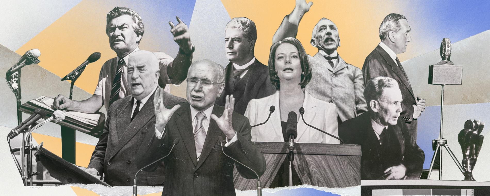 A collage graphic of prominent Australian politicians making speeches.