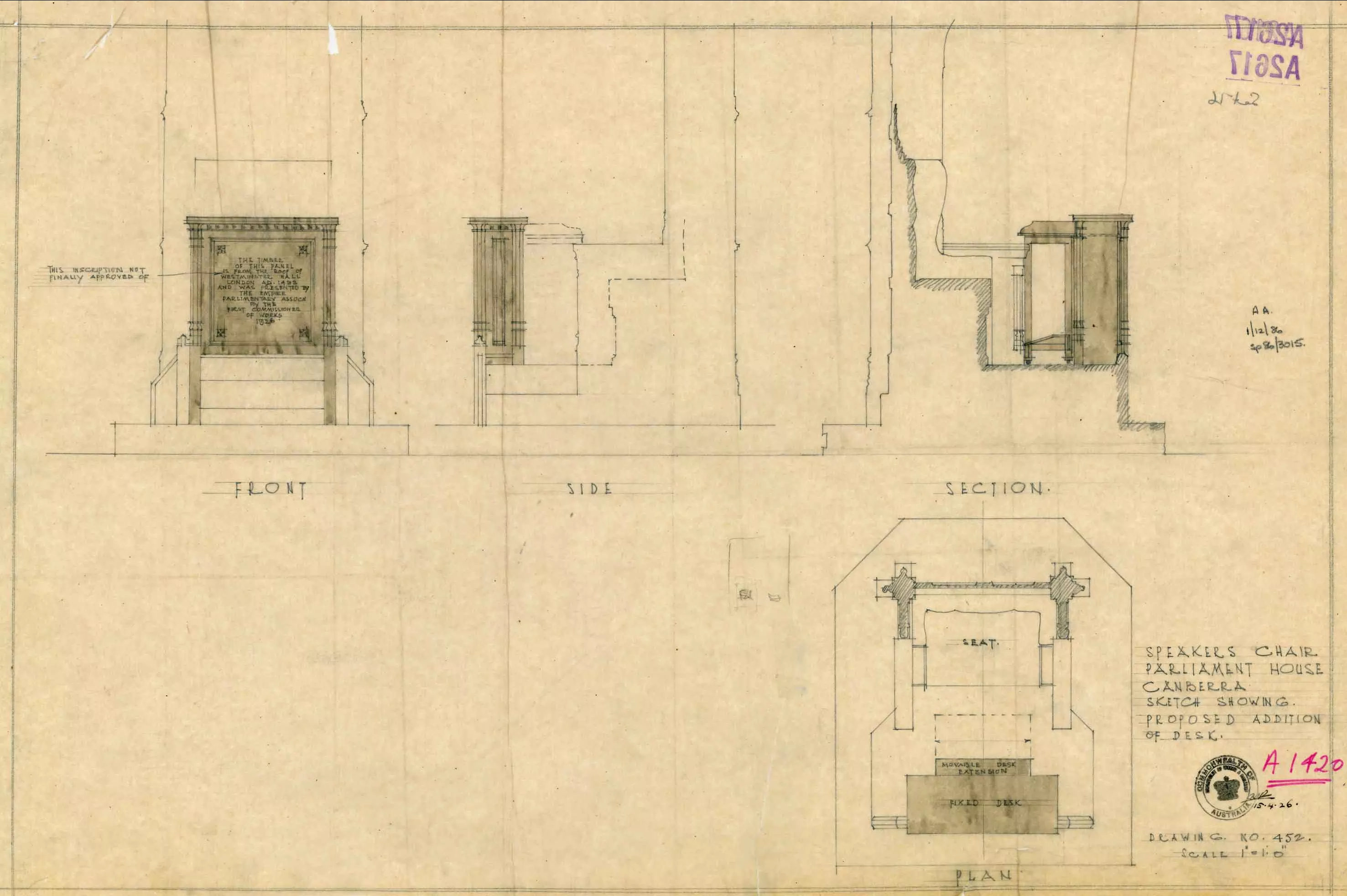 This coloured technical drawing shows the proposed design of the desk that was added to the Speaker’s Chair. There are four different viewpoints of the desk with an outline of the chair drawn in pencil behind the desk detail. The front, side, and section of the desk are painted in  with a light grey watercolour .  