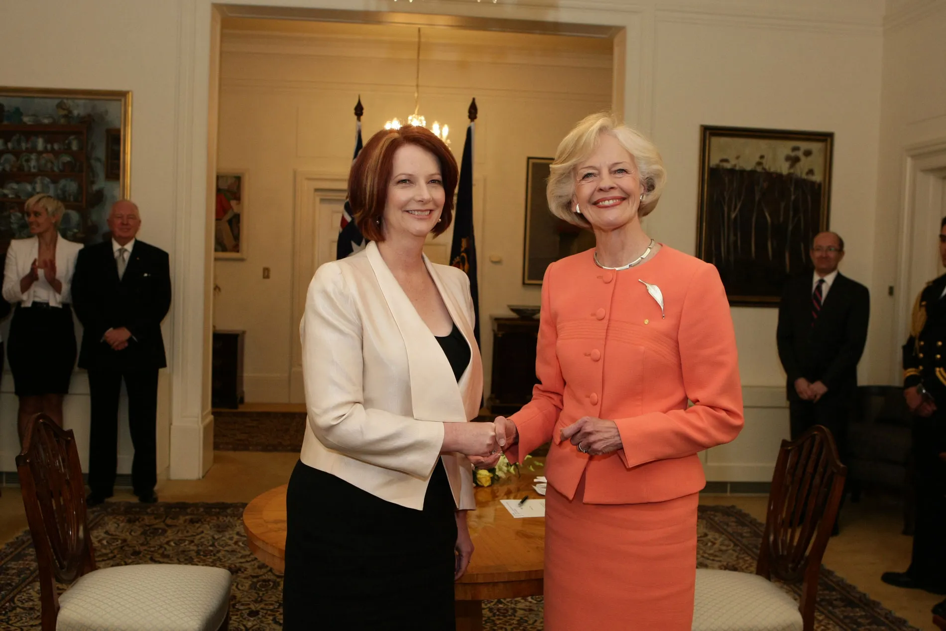 Governor-General Quentin Bryce shaking hands with Prime Minister Julia Gillard at Government House in Canberra.