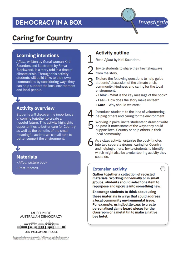 Preview of Caring for Country activity sheet for students.