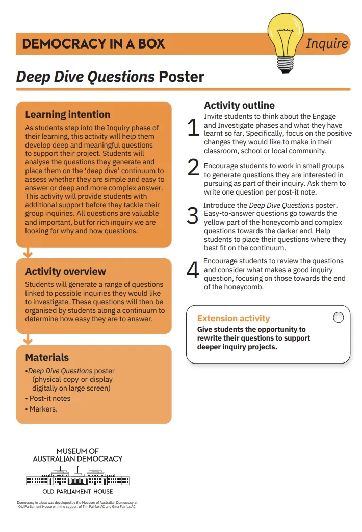 Preview of the the deep dive poster learning activity sheet.