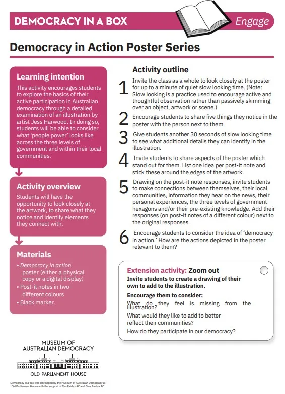 Preview of the first page of the democracy in action poster series activity.