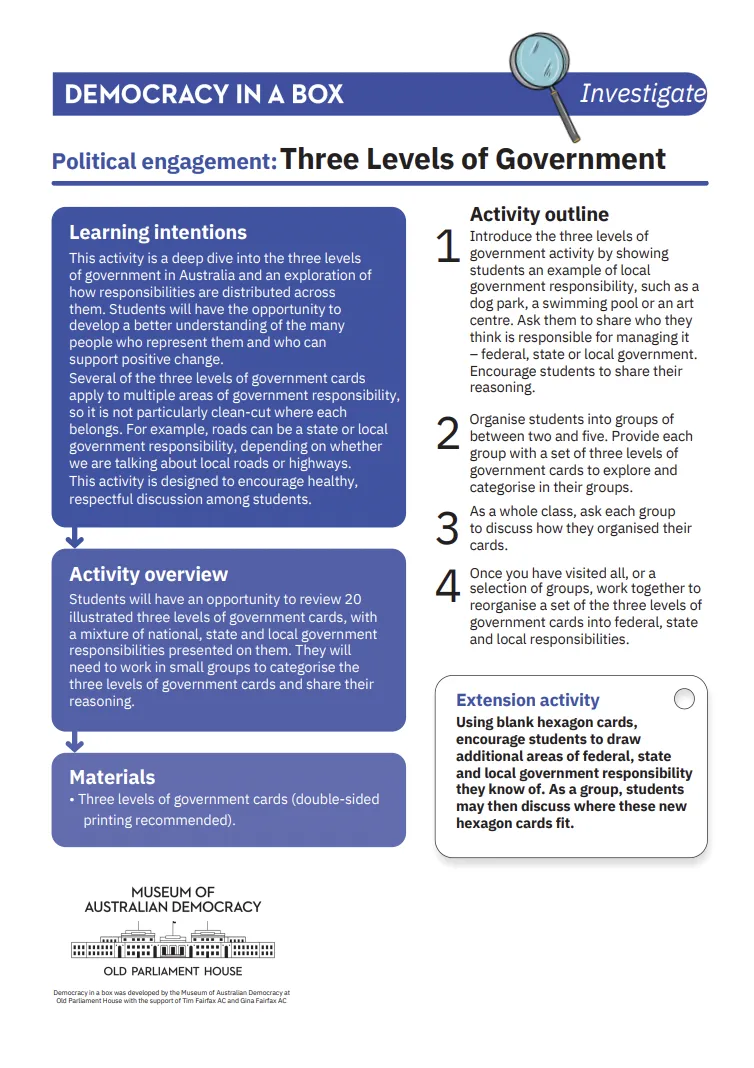 Preview of three levels of government activity sheet for students.