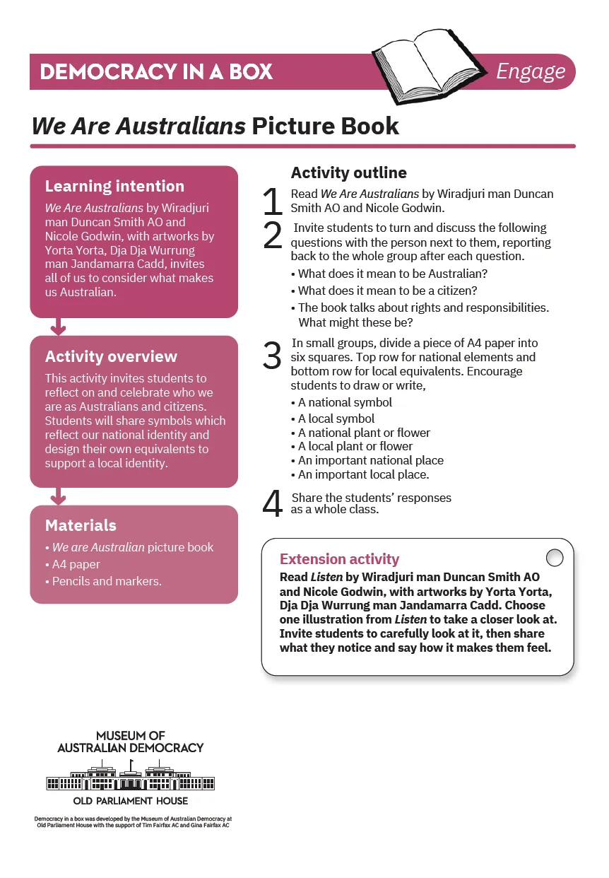 Preview of We Are Australians picture book activity sheet.