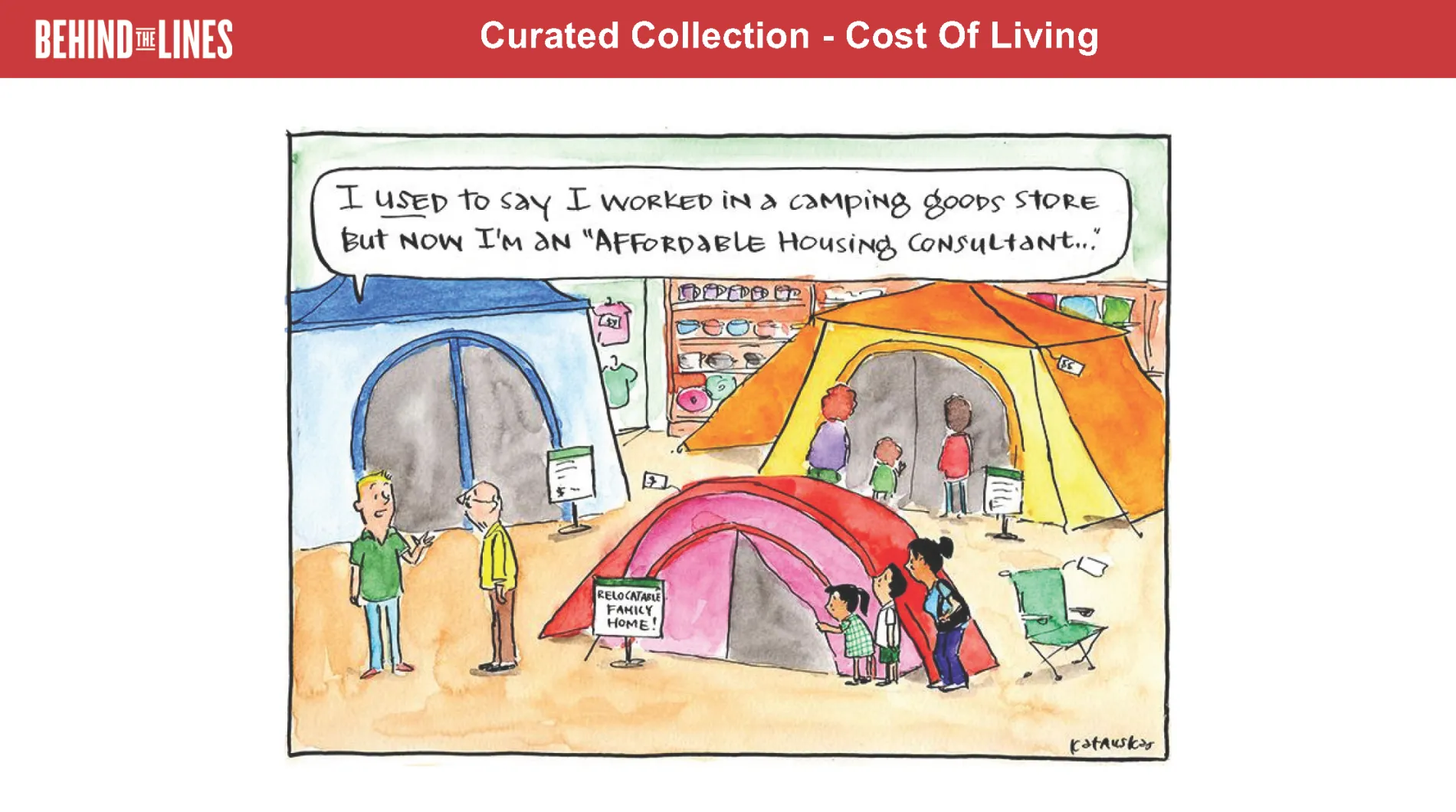 Title page for the Cost of Living activity sheet, featuring an illustration of people shopping for homes but it's tents.