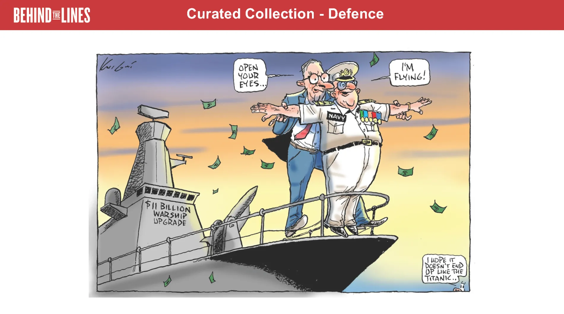 The first page of the Defence activity sheet, it depicts two politicians recreating the Titanic flying scene on the front of a warship