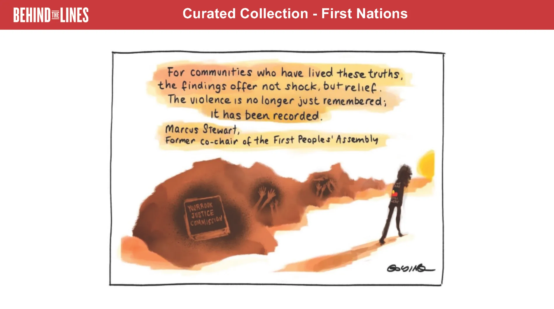 The first page of the First Nations activity sheet, it contains an illustration of a person walking by traditional indigenous art featuring a sign from the Yoorrook Justice Commission.
