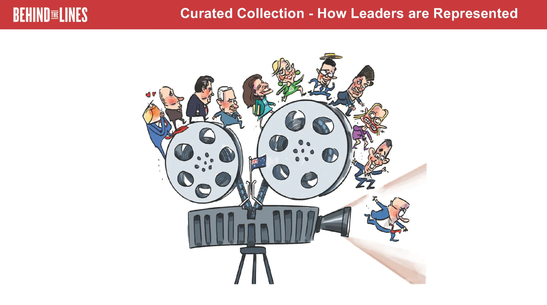 First page of the How Leaders are Represented activity sheet, it features an illustration of prominent Australian politicians running along a film reel.