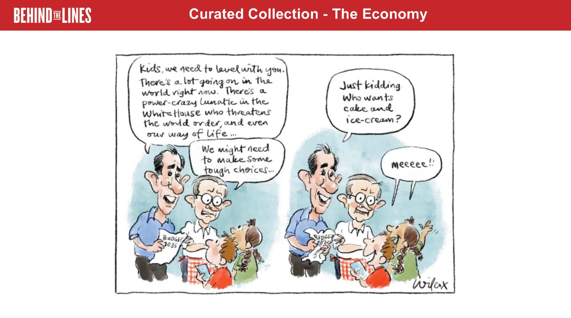 The first page of the economy activity sheet, it features a short cartoon about where politicians' priorities lie when it comes to the economy