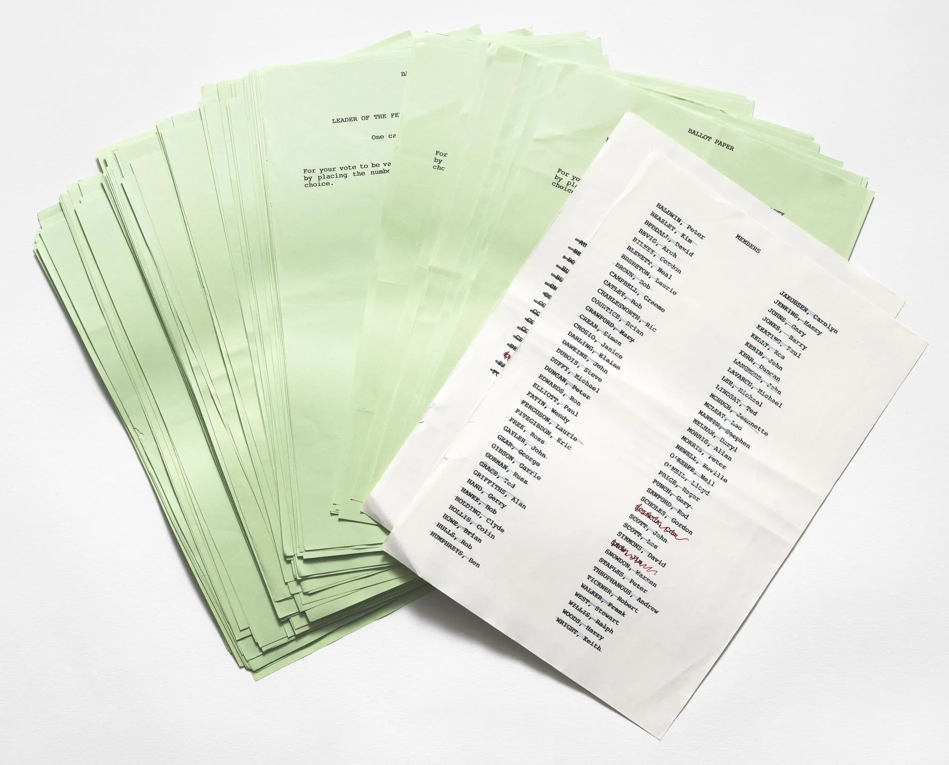 Green ballot papers fanned out on a white background, the front page is white and has a list of names under the title 'Members'.