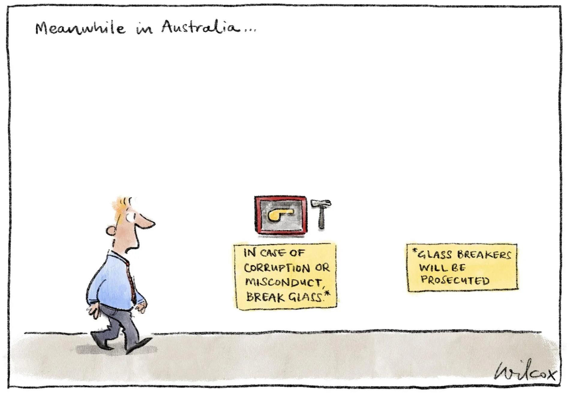 A man walks through a room. On the wall is a whistle behind glass with a sign that says, 'In case of corruption or misconduct, break glass.' Another sign says, 'Glass breakers will be prosecuted.' 