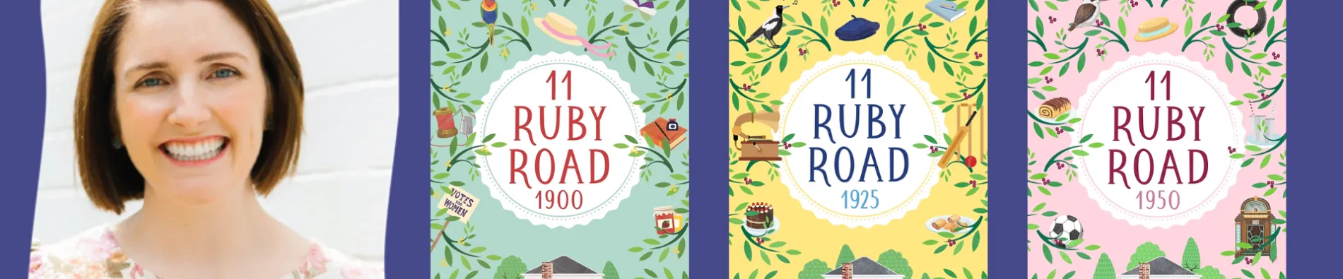 Charlotte Barkla next to the covers of her books '11 Ruby Road 1900', '11 Ruby Road 1925', and '11 Ruby Road 1950'