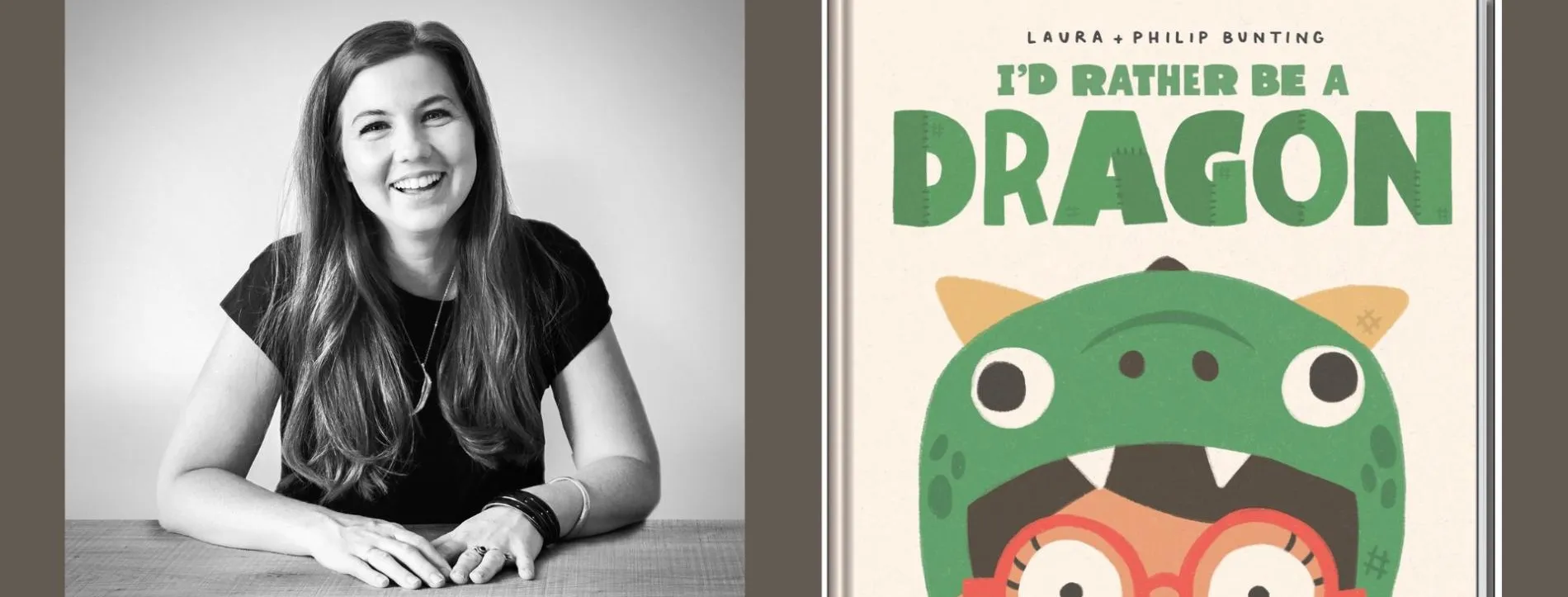 A picture of author Laura Bunting alongside the cover of her picture book, I'd rather be a dragon.