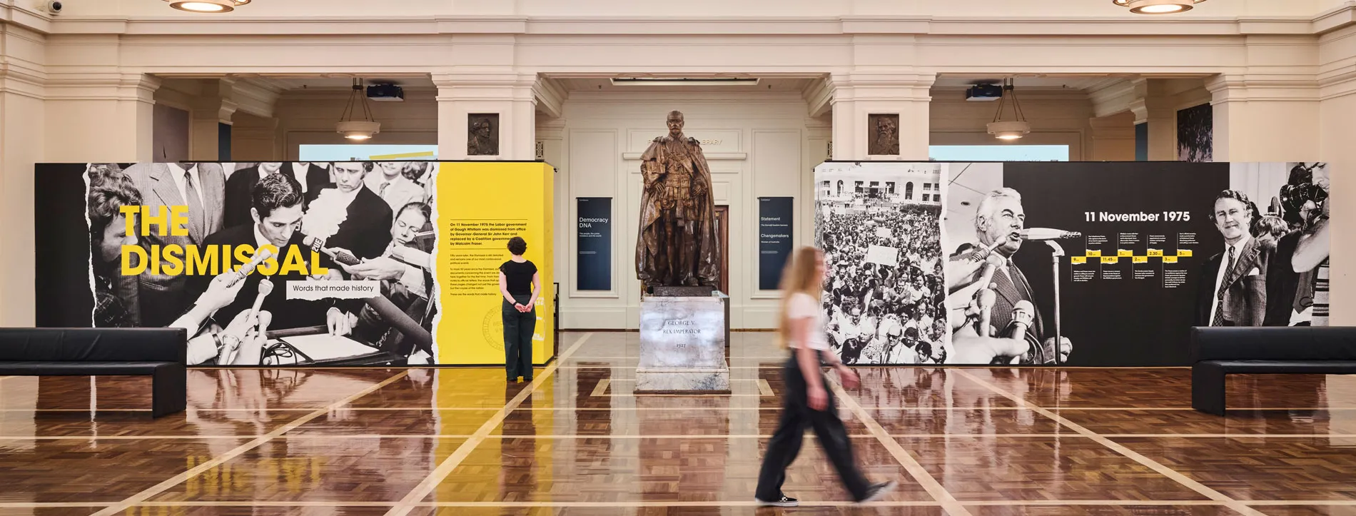 A wide shot of an exhibition about the 1975 dismissal in King's Hall in Old Parliament House.