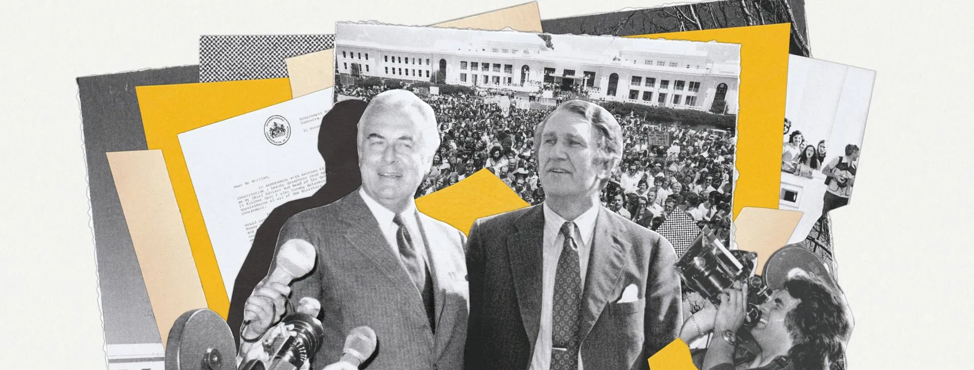 A collage of Gough Whitlam and Malcolm Fraser in front of crowds outside Old Parliament House.