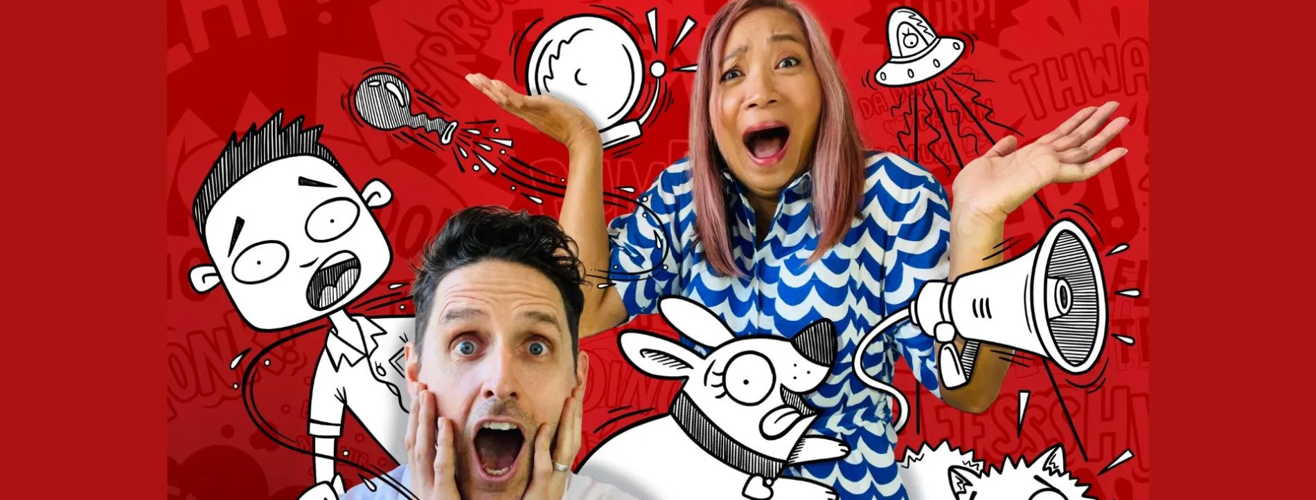 Matt Cosgrove and Eva Amores surrounded by cartoon illustrations.