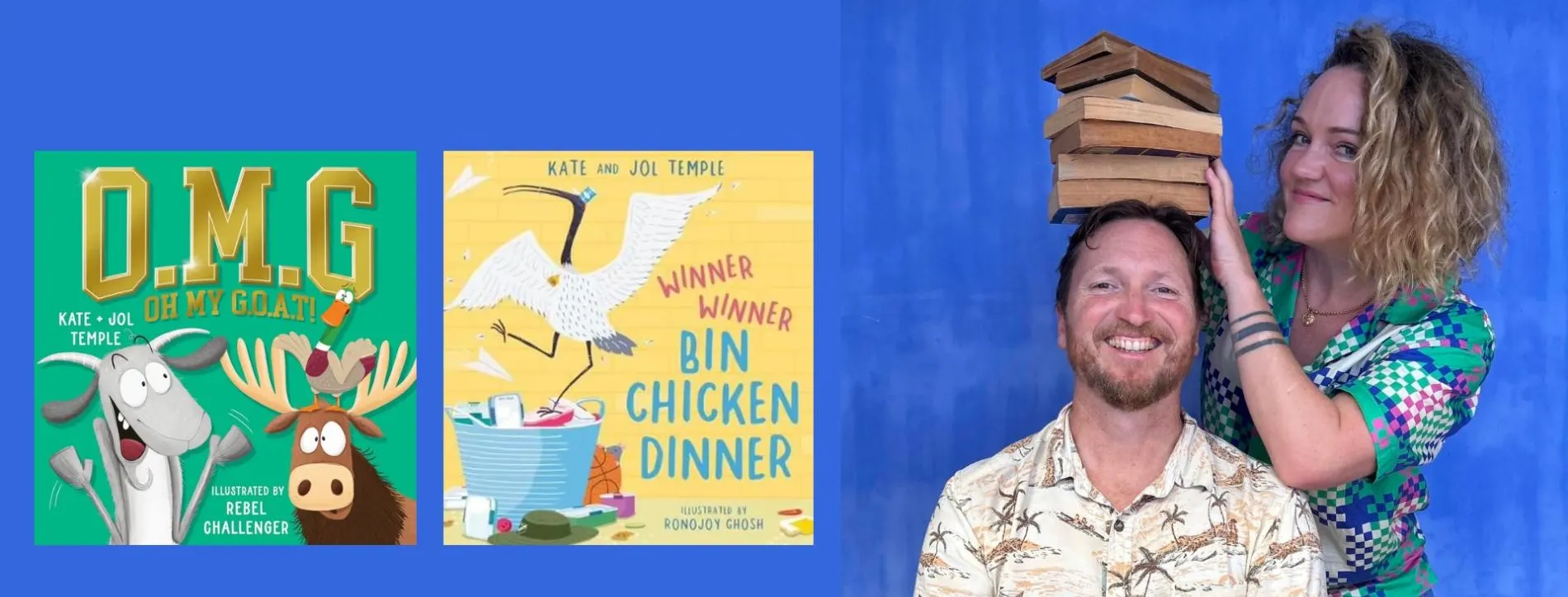 The covers of two picture books alongside the authors, Jol and Kate Temple.