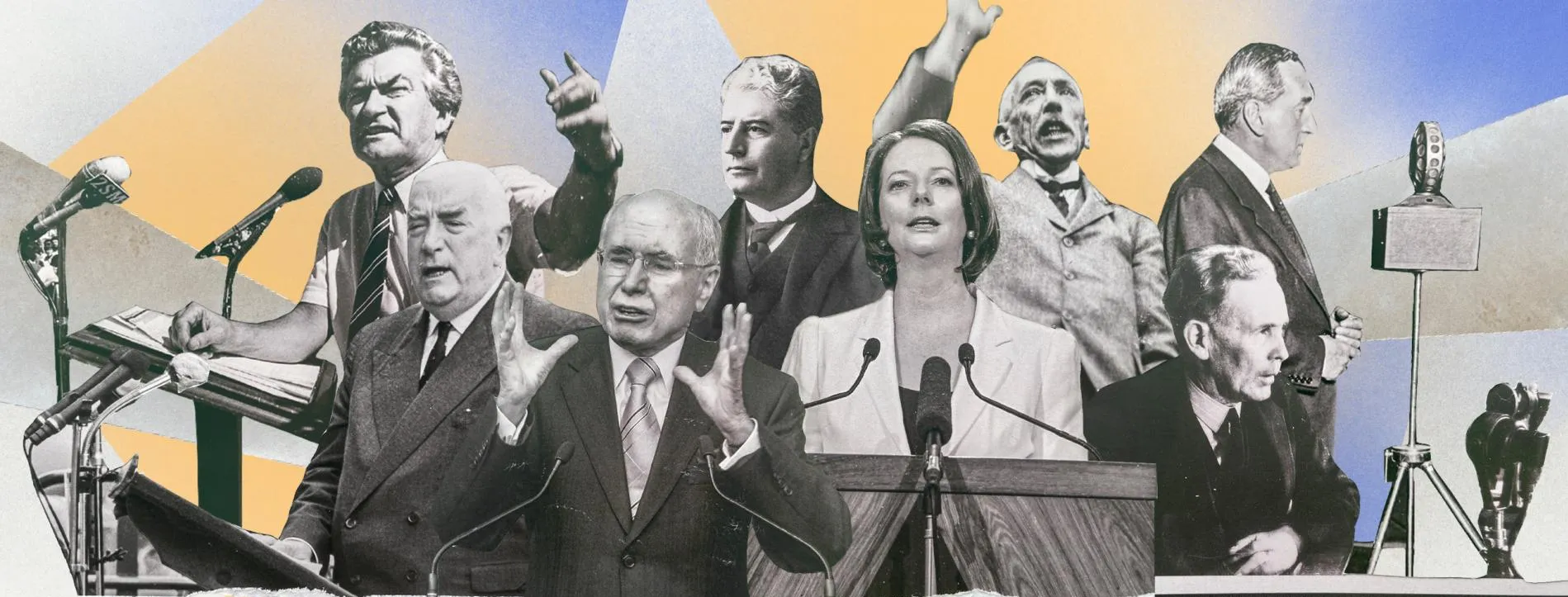 A collage graphic of prominent Australian politicians making speeches.