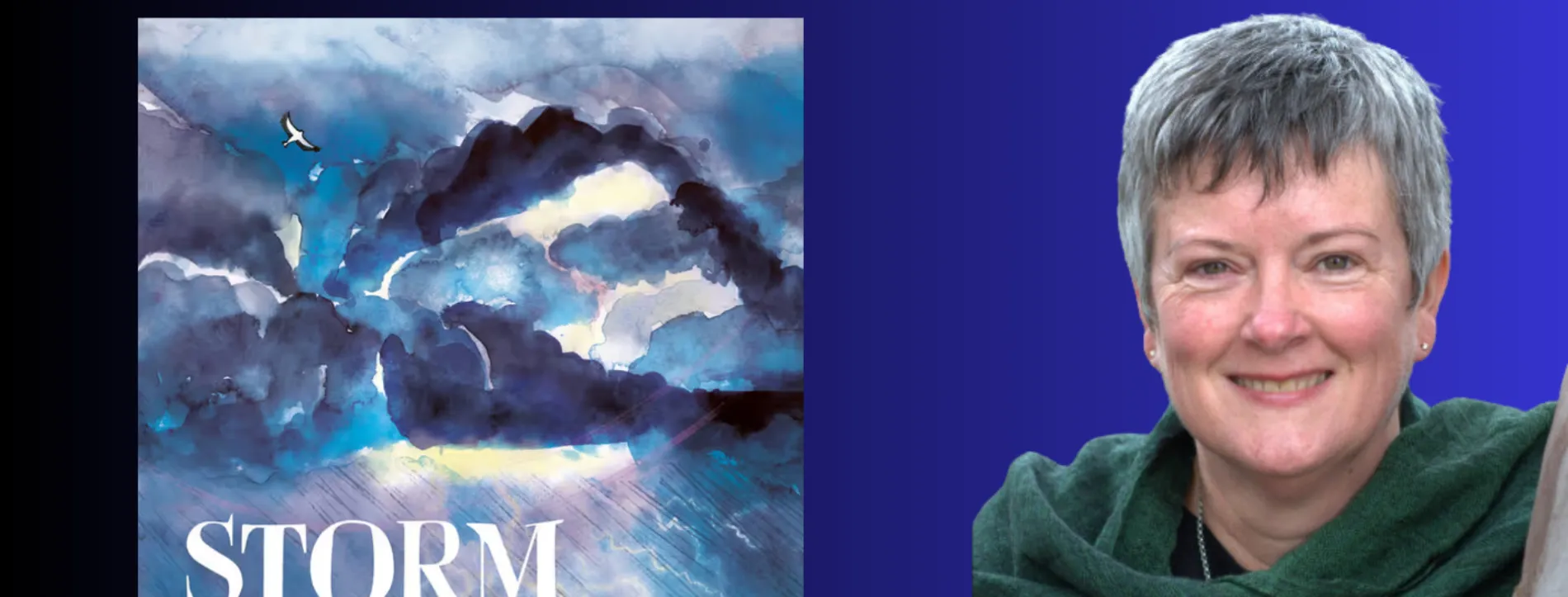 A photograph of Claire Saxby next to an image of the cover of her book 'Storm'.