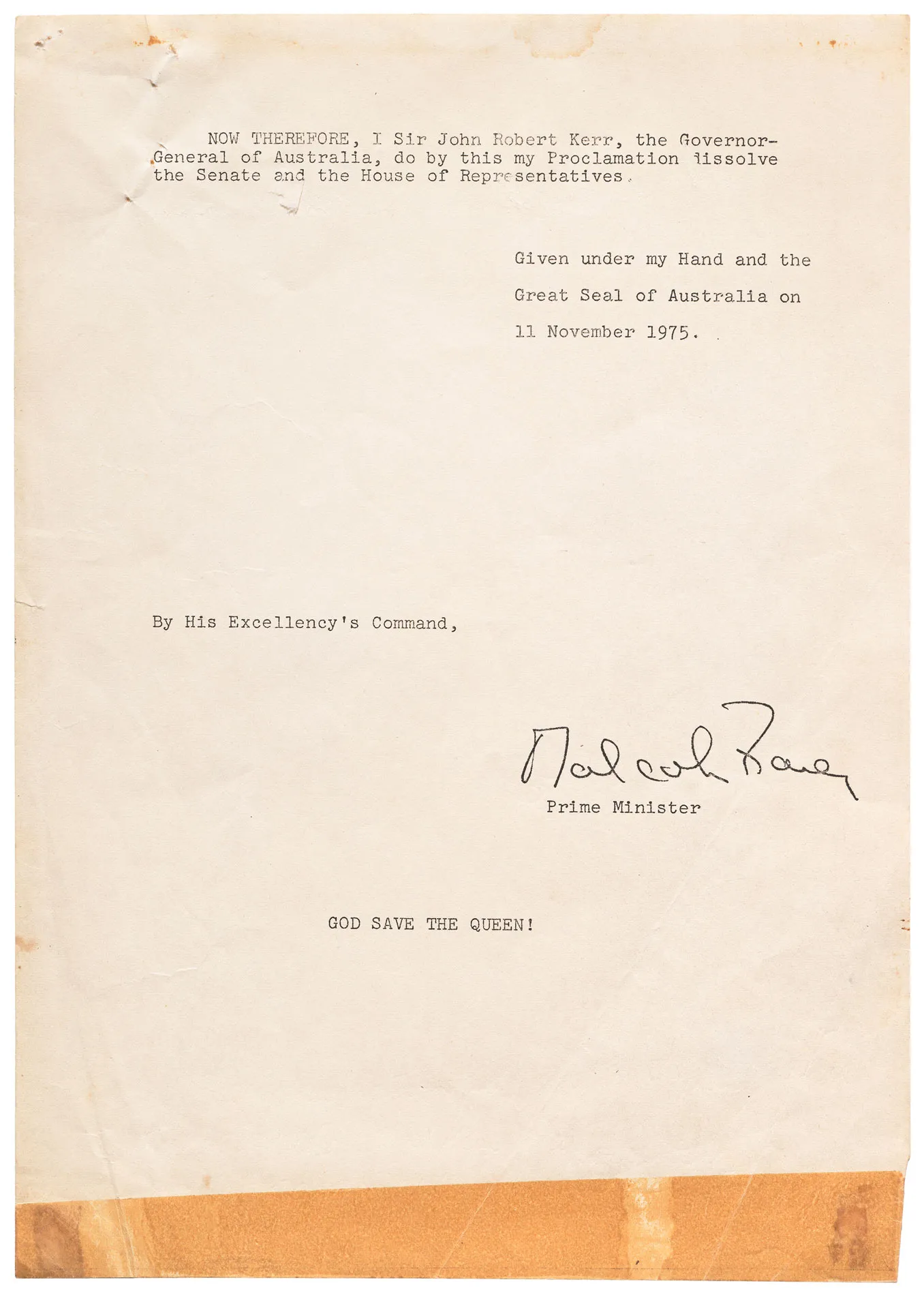 Second page of the proclamation dissolving parliament in 1975, countersigned by Malcolm Fraser.