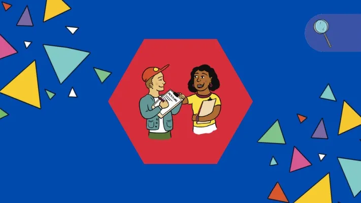 An illustration of two students writing on clipboards on a blue background. An illustration of two students writing on clipboards on a blue background.