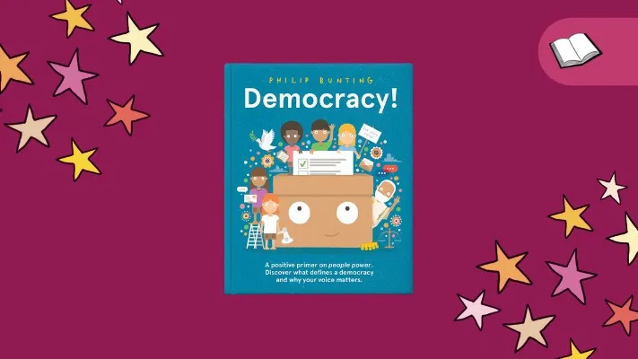 Cover of Democracy! picture book on a dark pink background with stars. Cover of Democracy! picture book on a dark pink background with stars.
