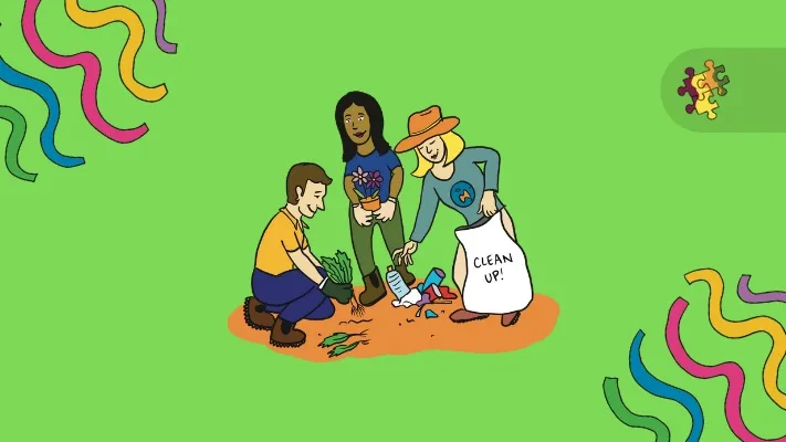 An illustration of three people picking up rubbish outdoors. An illustration of three people picking up rubbish outdoors.