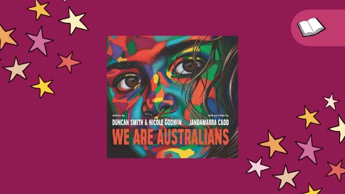 Front cover of We Are Australians picture book on a dark pink background with stars.