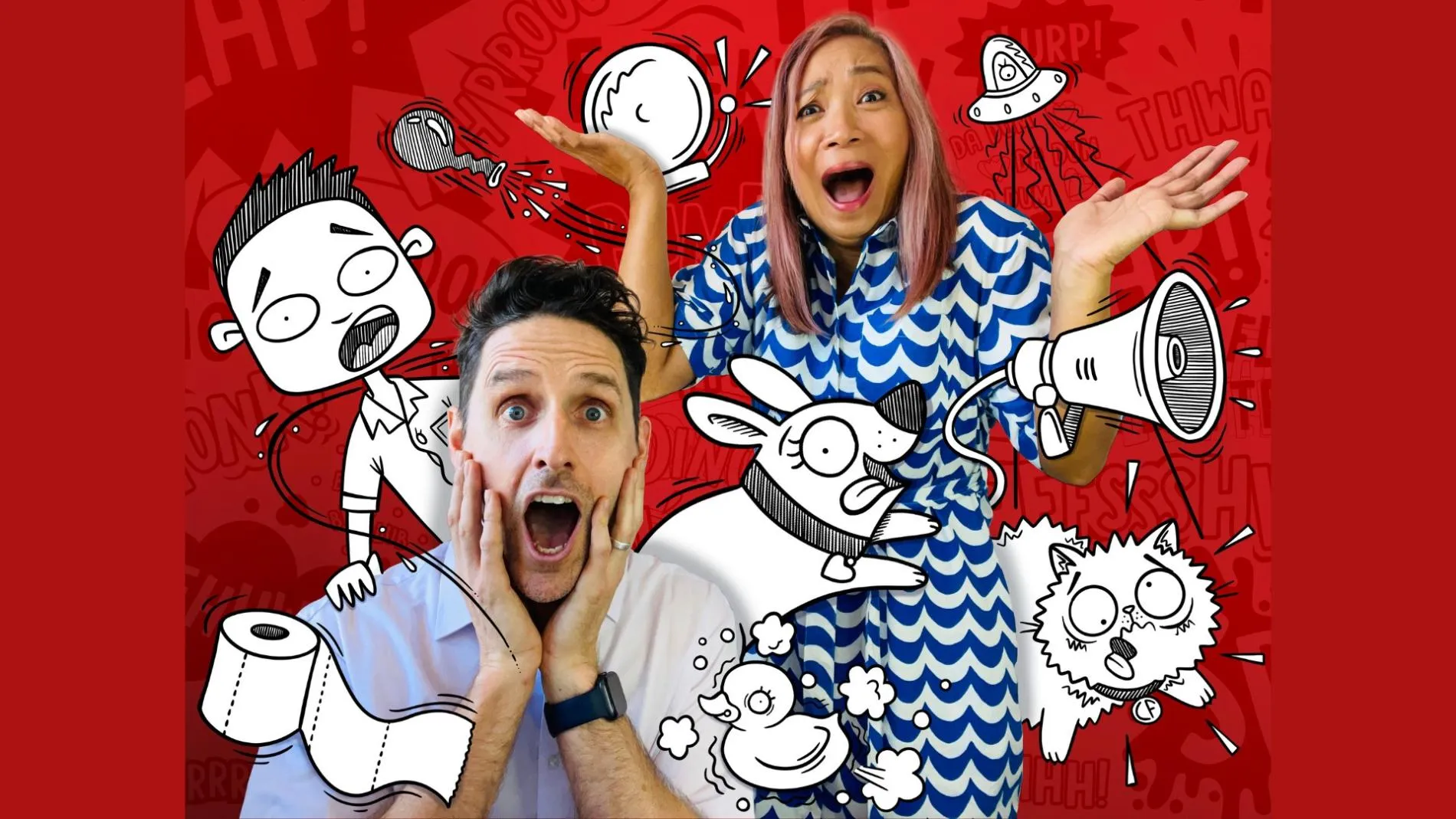 Matt Cosgrove and Eva Amores surrounded by cartoon illustrations.