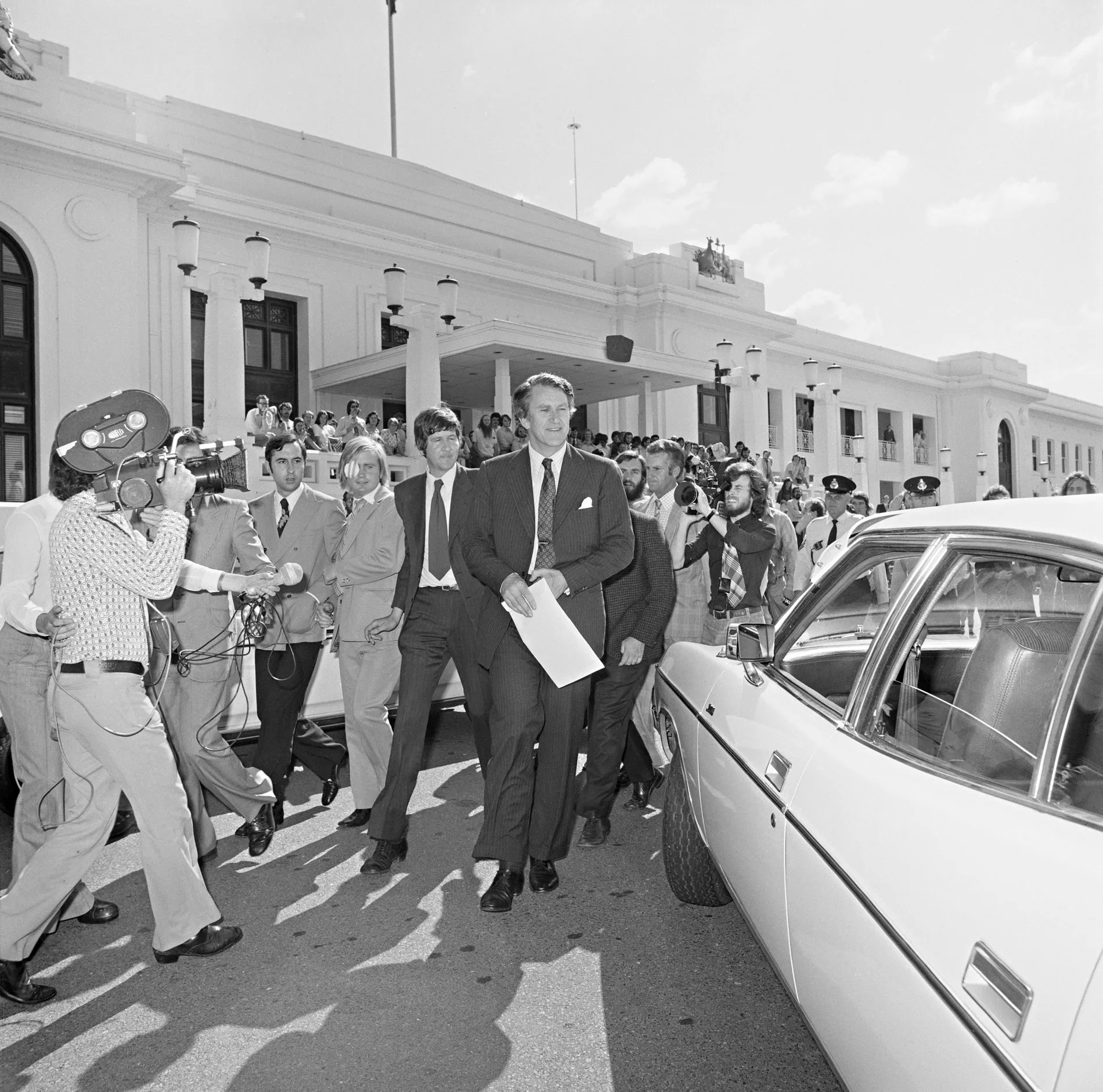 Malcolm Fraser leaves Parliament House after the dissolution of parliament in 1975.