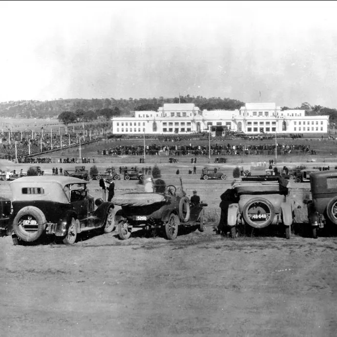 Cars gathered near Old Parliament House on the opening day, 9 May 1927