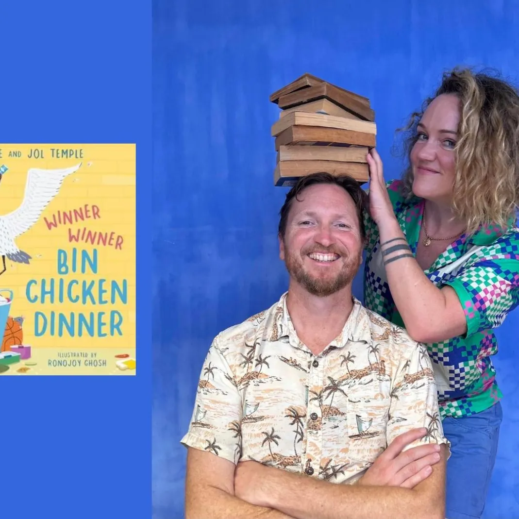 The covers of two picture books alongside the authors, Jol and Kate Temple.