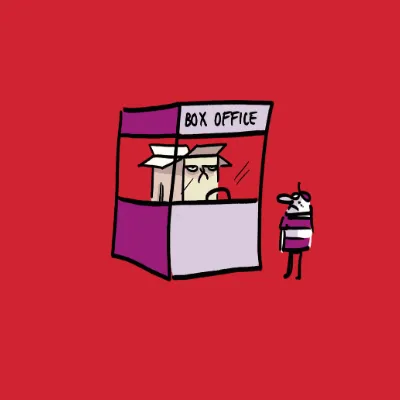 A box in a box office stall, looking grumpy with someone waiting to buy a ticket