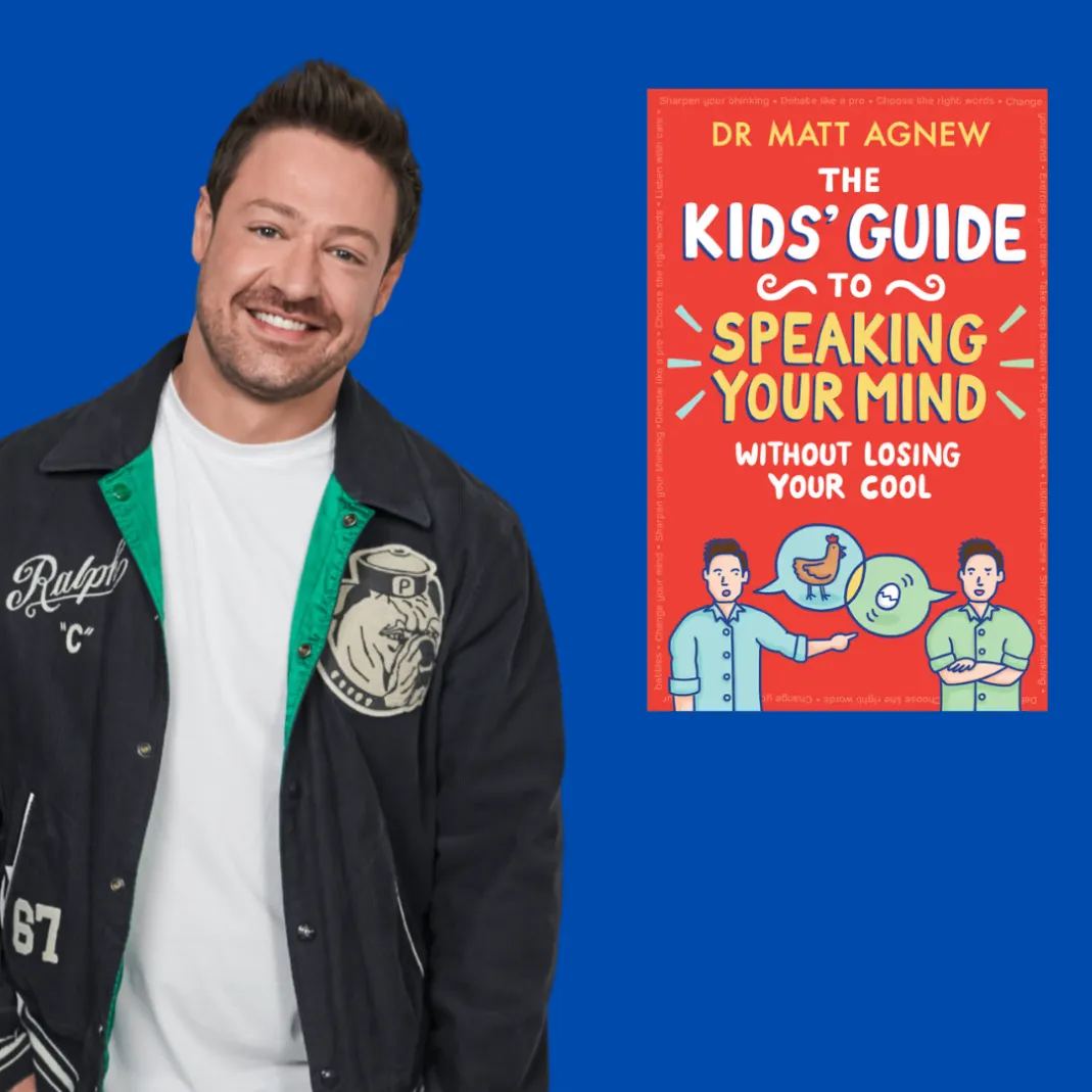Dr Matt Agnew standing, smiling at the camera with some renders of his books 'The Kids' Guide to Speaking Your Mind Without Losing Your Cool' and 'Is My Phone Reading My Mind?'