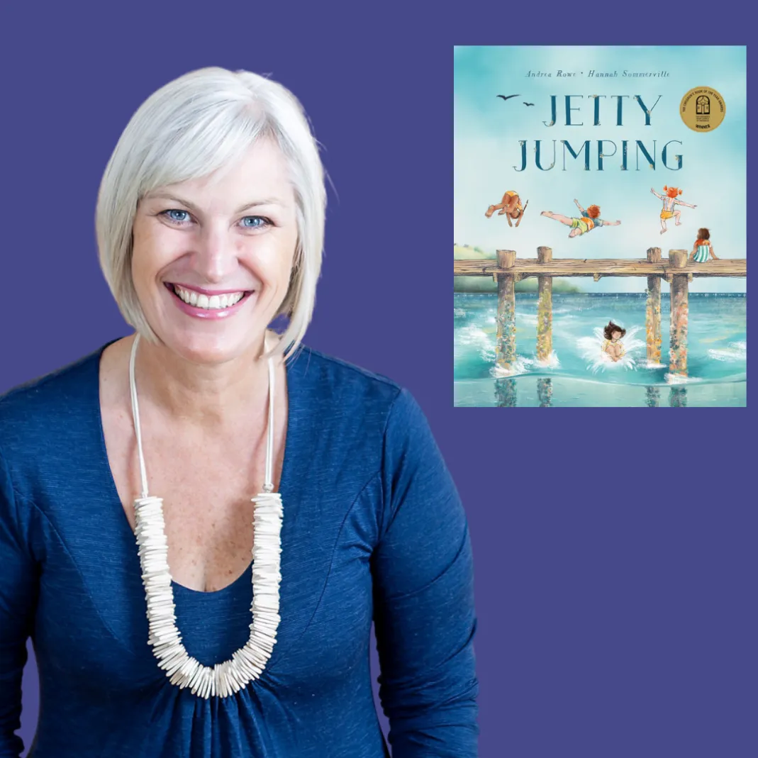 A photo of Andrea Rowe next to the covers of her books 'Jetty Jumping' and 'Castle Crashing'.