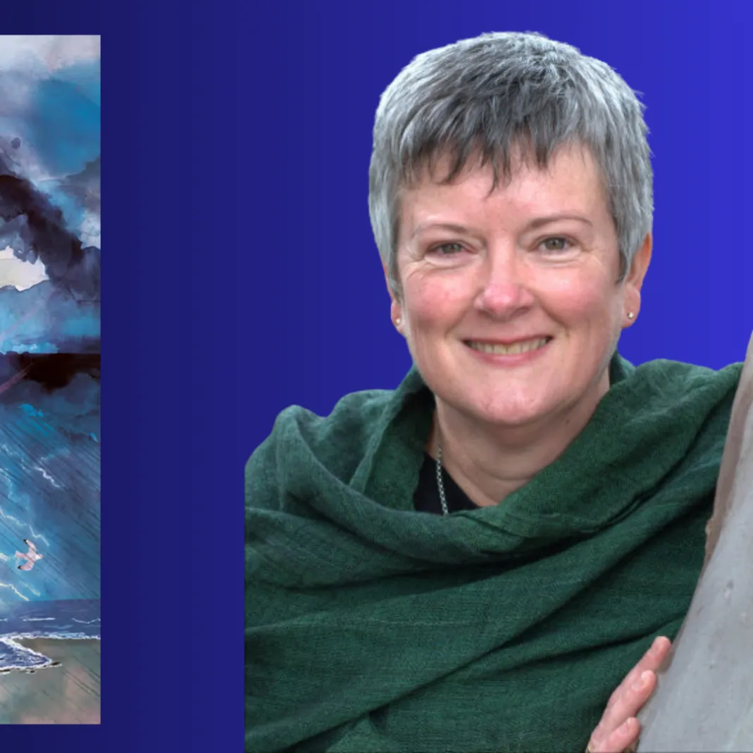 A photograph of Claire Saxby next to an image of the cover of her book 'Storm'.