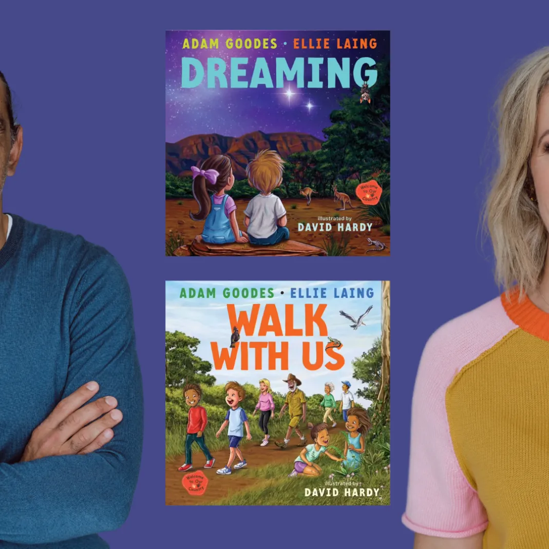 A photograph of Adam Goodes and Ellie Laing next to renders of the cover of their books 'Dreaming' and 'Walk with us'.