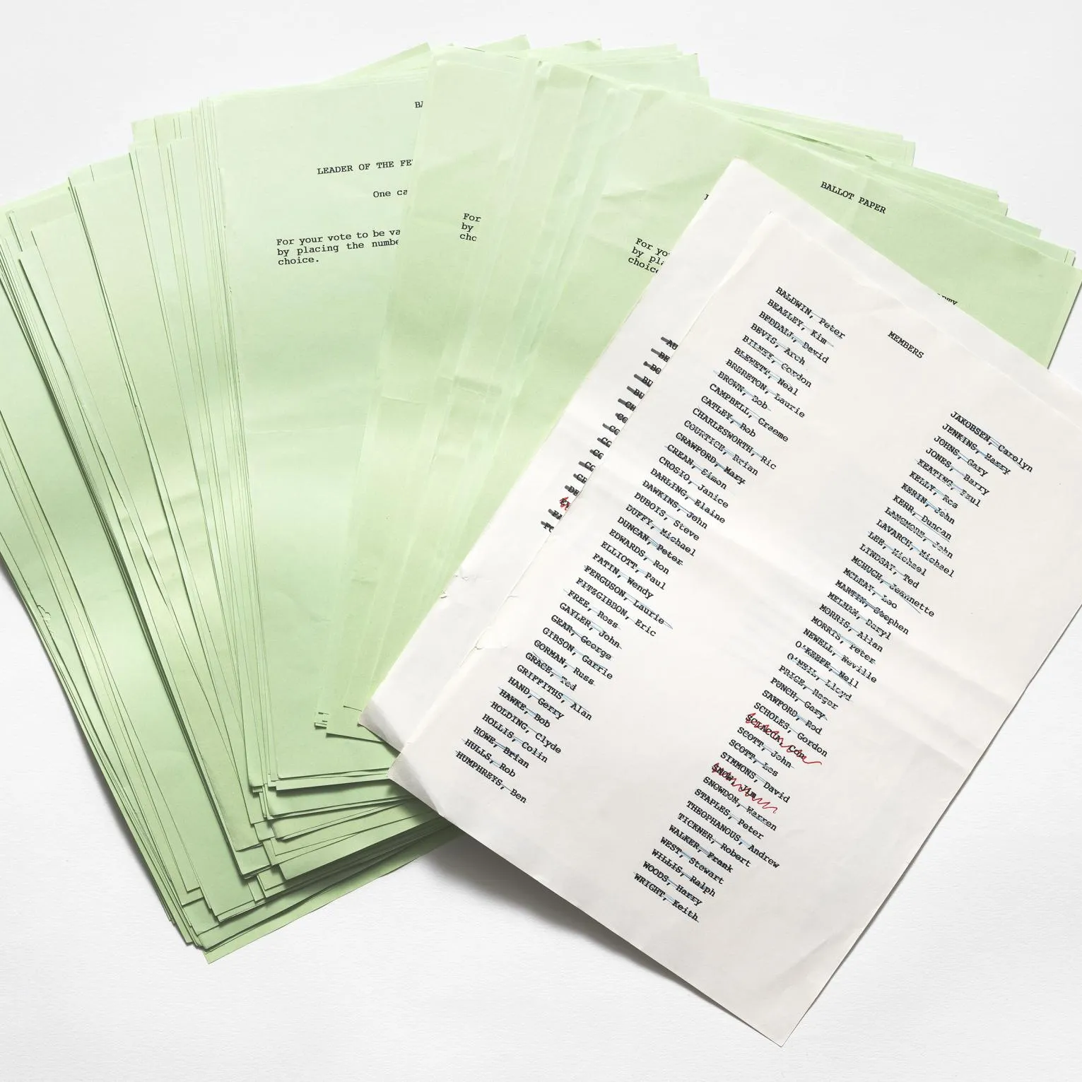 Green ballot papers fanned out on a white background, the front page is white and has a list of names under the title 'Members'.