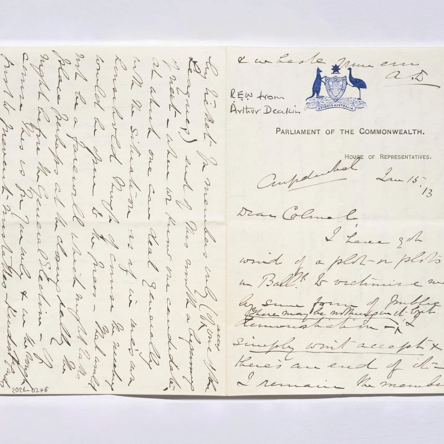 A letter from Deakin to Williams, the handwriting is old fashioned and cursive.