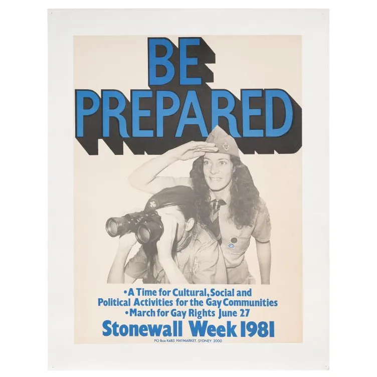 A poster for Stonewall Week 1981 mounted onto some card on a white background. The poster features a black and white image of scouts, looking out towards the left in front of some big, bold text that says 'be prepared'.