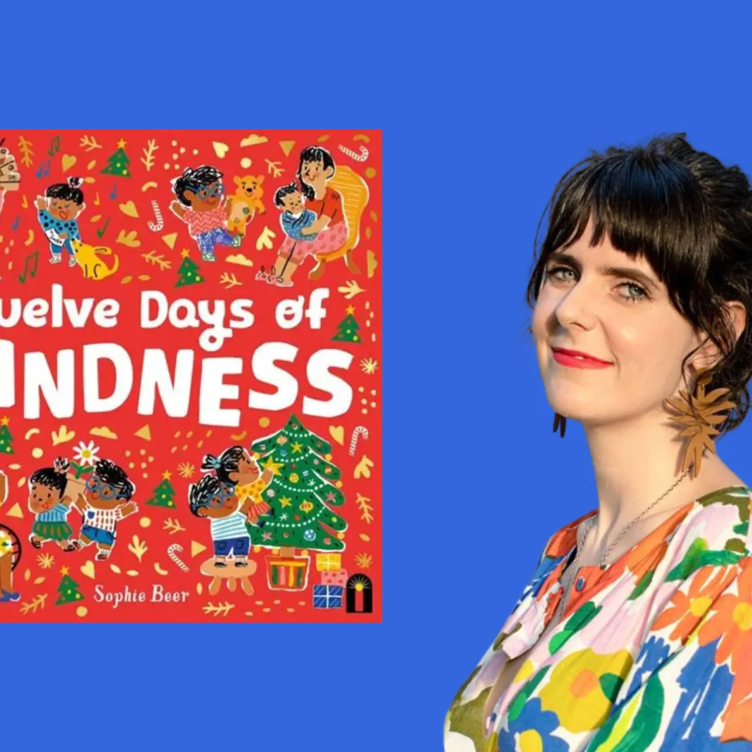 A graphic of Sophie Beer next to the cover of her book 'Twelve Days of Kindness'.
