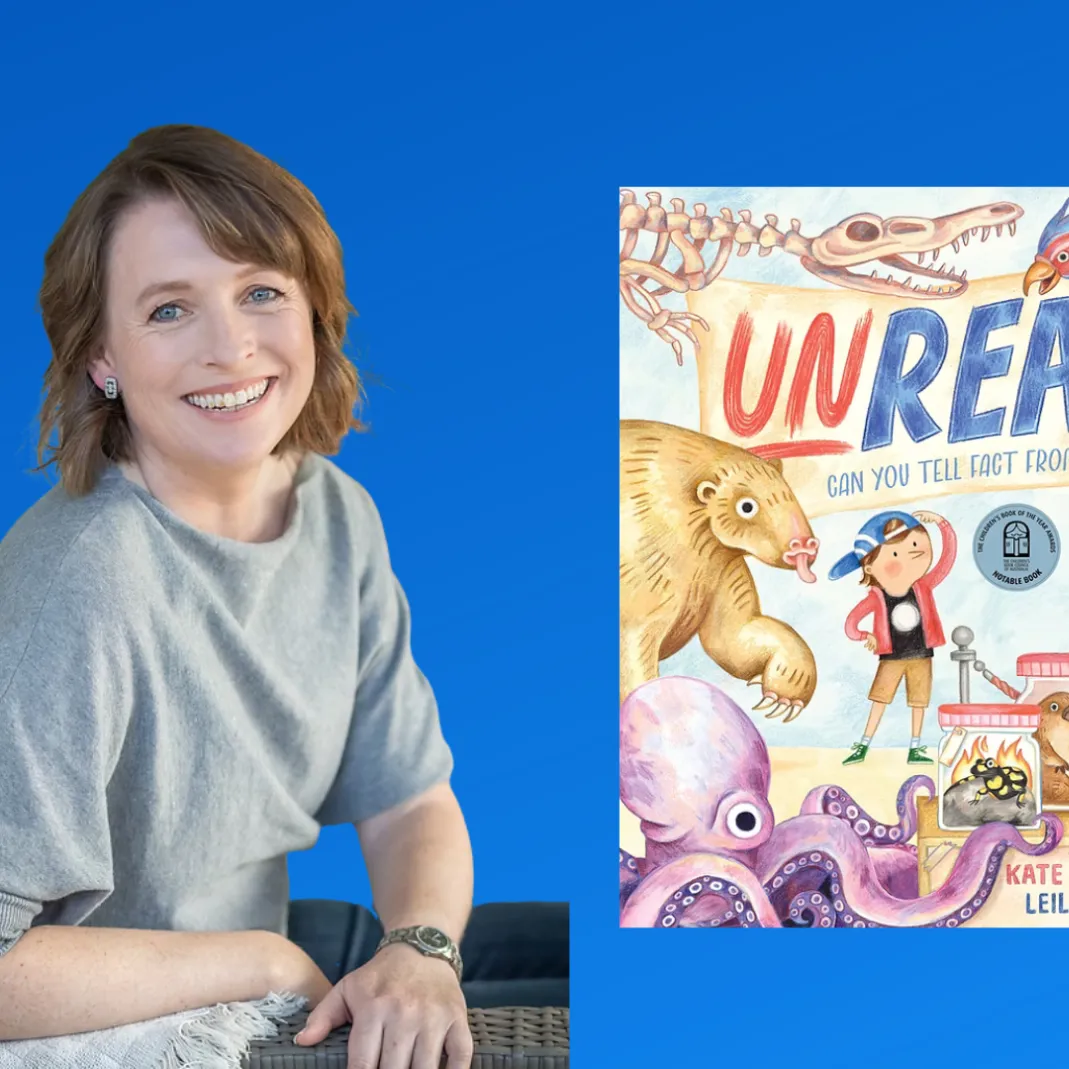 A graphic of Kate Simpson next to the cover of her 'Unreal'